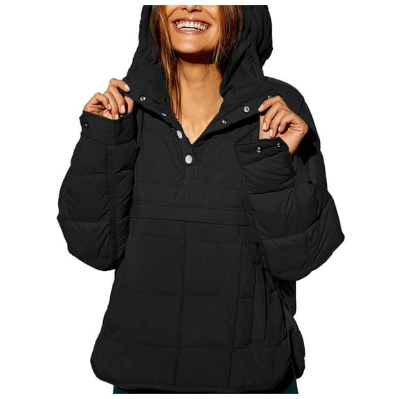 GEWSEY Women's Quilted Pullover Puffer Jacket Packable Hooded Oversize Winter Coat Tops (Black, S)