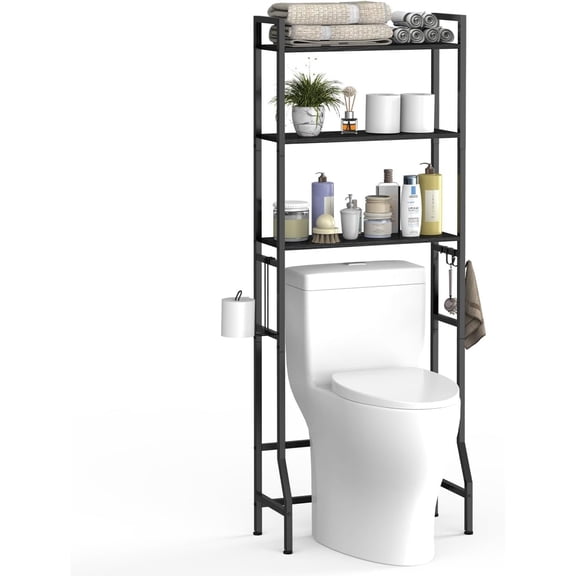 Over The Toilet Storage Shelf, 3-Tier Bathroom Organizer with Toilet Paper Holder and 3 Hooks, Freestanding Shelving for Restroom, Laundry, and Balcony ,black