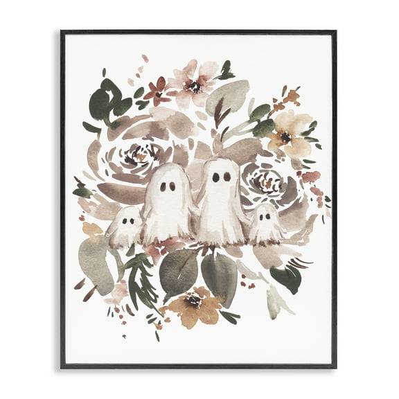 Stupell Industries Little Ghosts with Botanicals Holiday Painting Black Framed Art Print Wall Art, 11 x 14