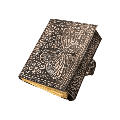 Handmade Leather Journal 5x7 Inch with Lock – 200 Pages Vintage Deckle Paper – Butterfly Engraved Writing Notebook – Rustic  Diary for Women & Men