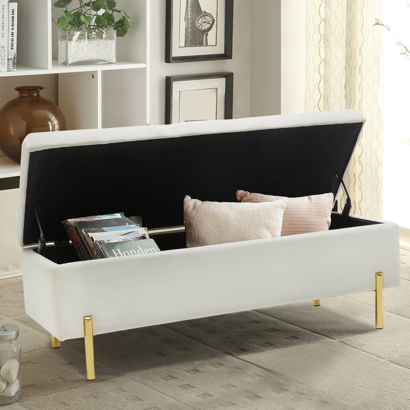 Velvet Storage Ottoman Bench, End of Bed Bench Upholstered Storage Bench for Bedroom Entryway Living Room, Ivory