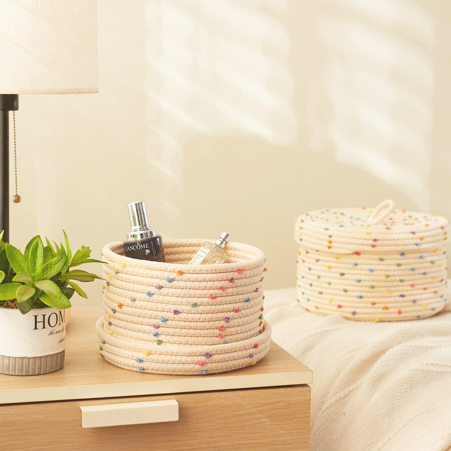 ZWHong 2-Pack Small Rope Basket with Lid, 10&8 Inch Round Woven Storage Baskets Set with Colorful Rainbow Pompom, 100% Natural Cotton Decorative Organizer for Home, Toys, Nursery