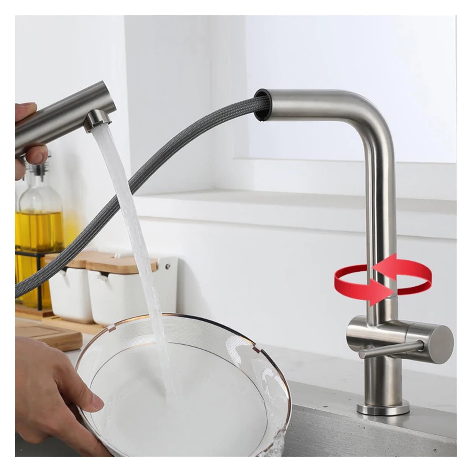 Kitchen Basin Faucets Stainless Steel Material Cold Water Only Single Handle, Pull Down Hoses 360 Rotation ,Easy to Install