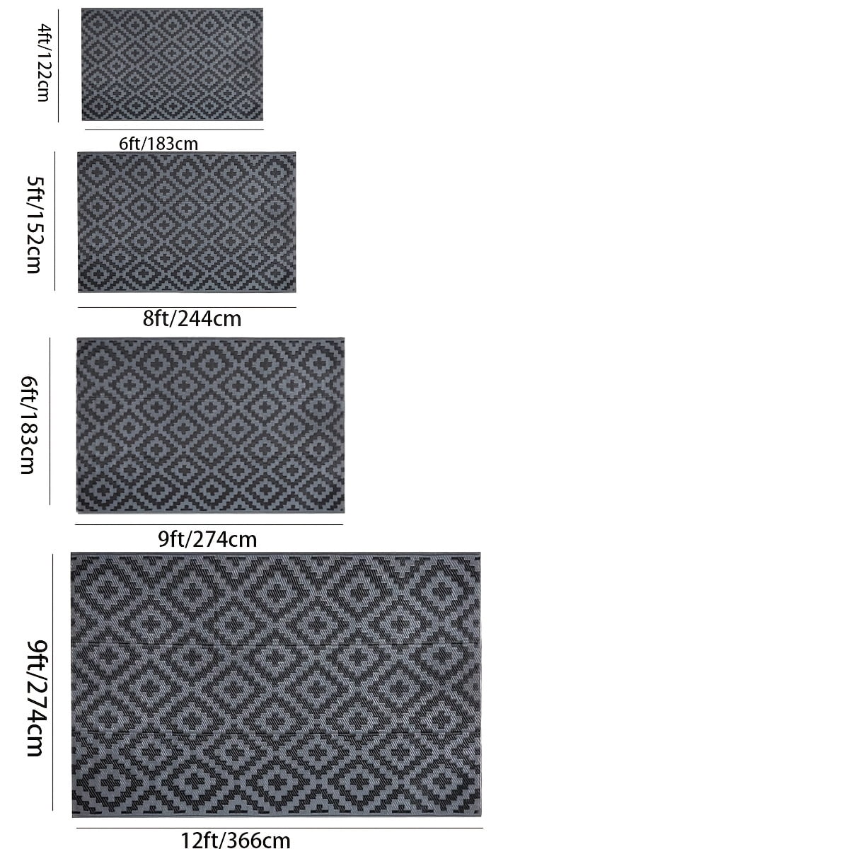 Kzaei Waterproof Outdoor Rug, Reversible Plastic Camping Area Rugs, Black & Gray