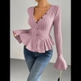 thumbnail image 4 of Camiseta Elegante de Larga con Cuello en V para Mujer, Otoño e Invierno, con Volantes, Corte Entallado y Mangas Acampanadas Rosa M, 4 of 9