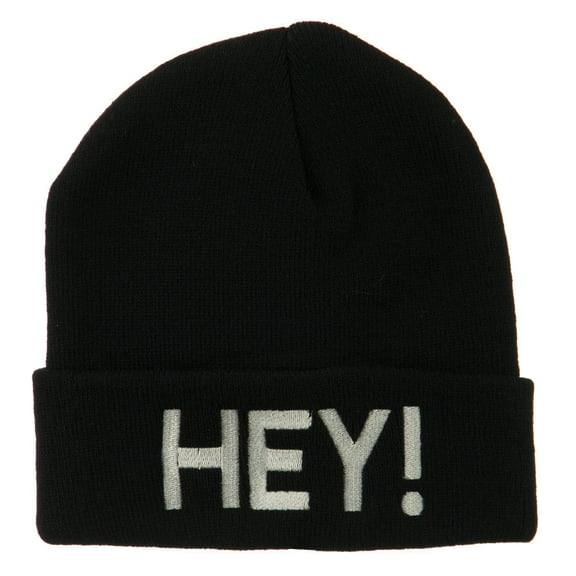Hey Embroidered Long Cuff Beanie - Black OSFM