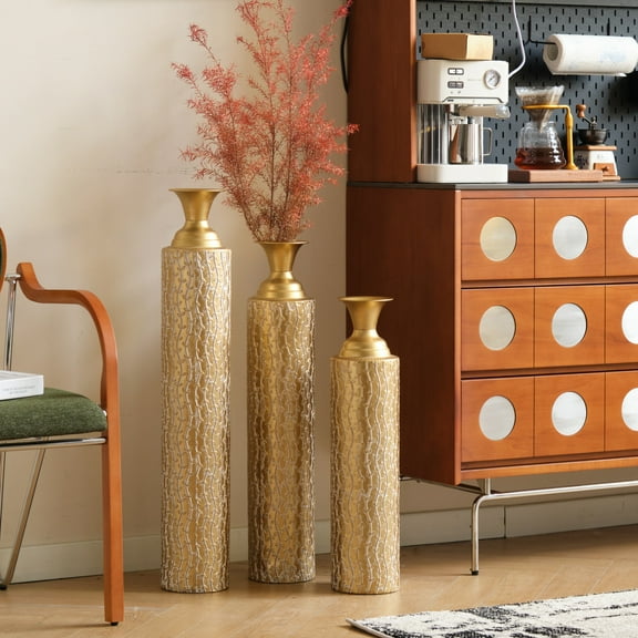 Floor Vase Set of 3, Metal Cylinder Vases with Special Pattern, Vintage Vases Home Decor for Living Room, Bedroom, Corner, Office, 34 "/30 "/25 "H, Gold