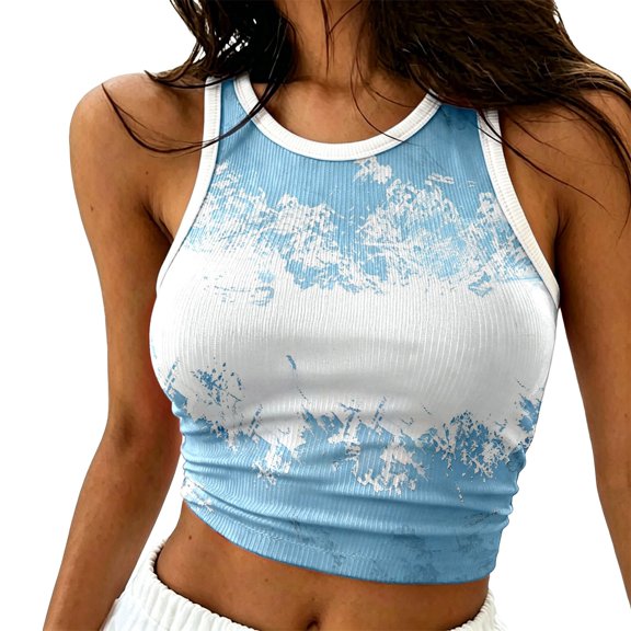 Bibifish Womens Tank Tops Crew Neck Mountain Splash Print Camisoles Cropped Summer Sleeveless Shirts