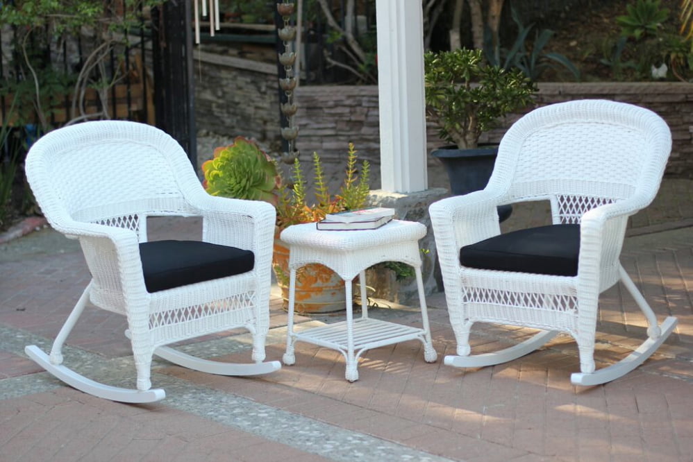 3-Piece Ariel White Resin Wicker Patio Rocker Chairs and Table