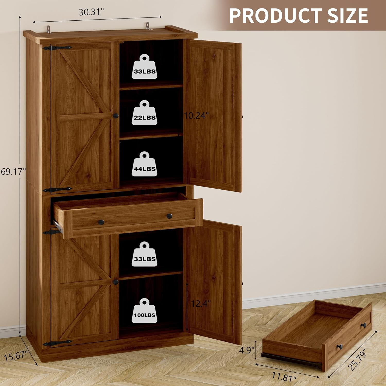 FANRAL 70” Tall Pantry Organizers and Storage Cabinet with Barn Doors & Drawers,Adjustable Shelf,Tall Pantry for Kitchen Dining Room Living Room Bedroom,Walnut Pantry Cabinet