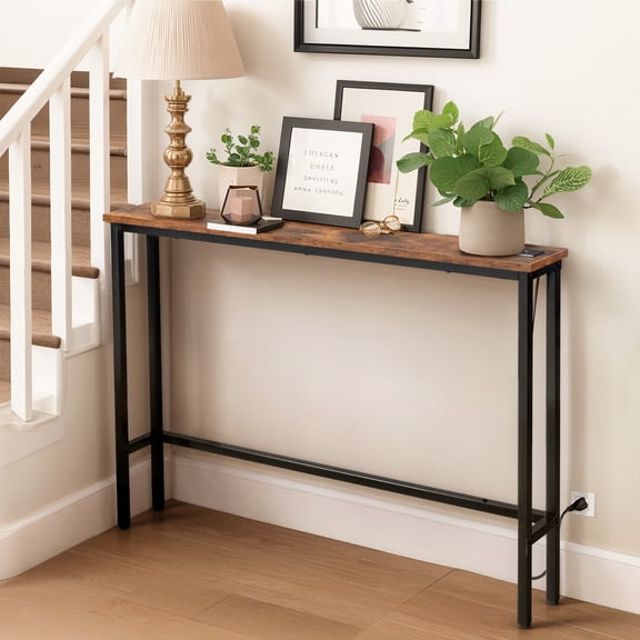 39.5" Narrow Console Sofa Table with Power Outlets & USB Ports – Skinny Couch Table with Metal Frame & Charge Station(Brown)