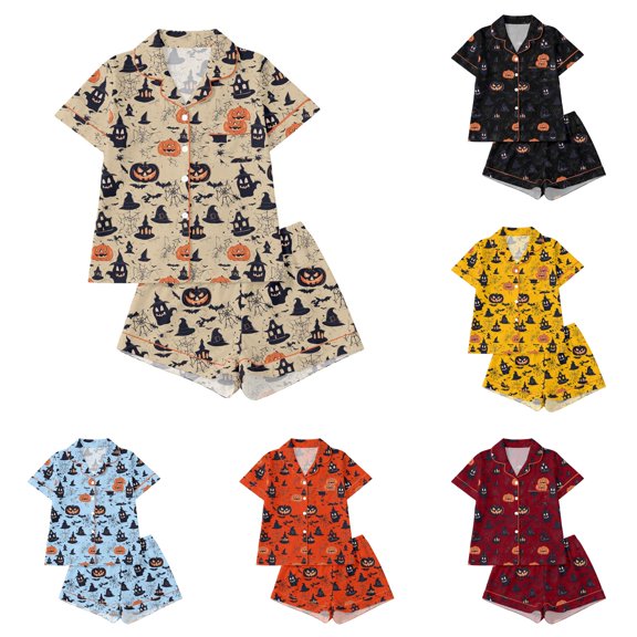 RMGVDSD Womens Pajama Sets Halloween Pajamas for Women Set Short Sleeve Top and Shorts Sleepwear Button Down Casual Loungewear