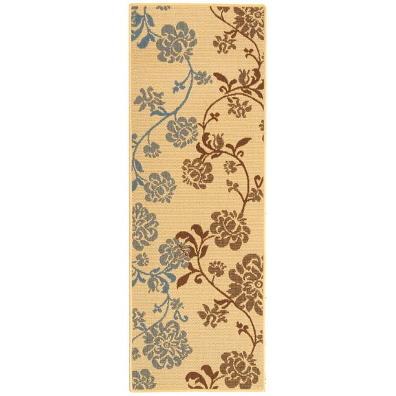 SAFAVIEH Courtyard Cindy Floral Indoor/Outdoor Runner Rug, Natural Brown/Blue, 2'3" x 6'7"