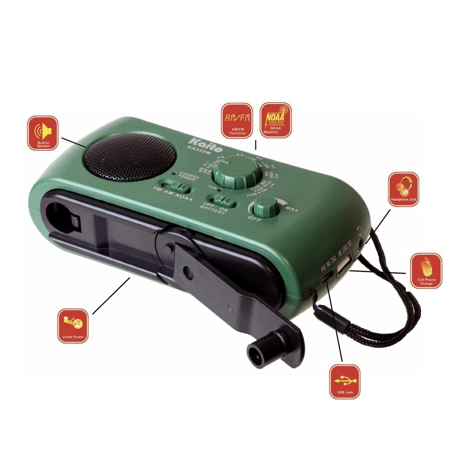 Kaito KA332W Portable Hand Crank Solar AM FM NOAA Weather Radio with 3-LED Flashlight - Green