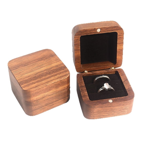 Square Wooden Ring Box with Black Inner for Wedding Ceremony Proposal Engagement,Mini Ring Holder Jewelry Storage Box for 2 Rings