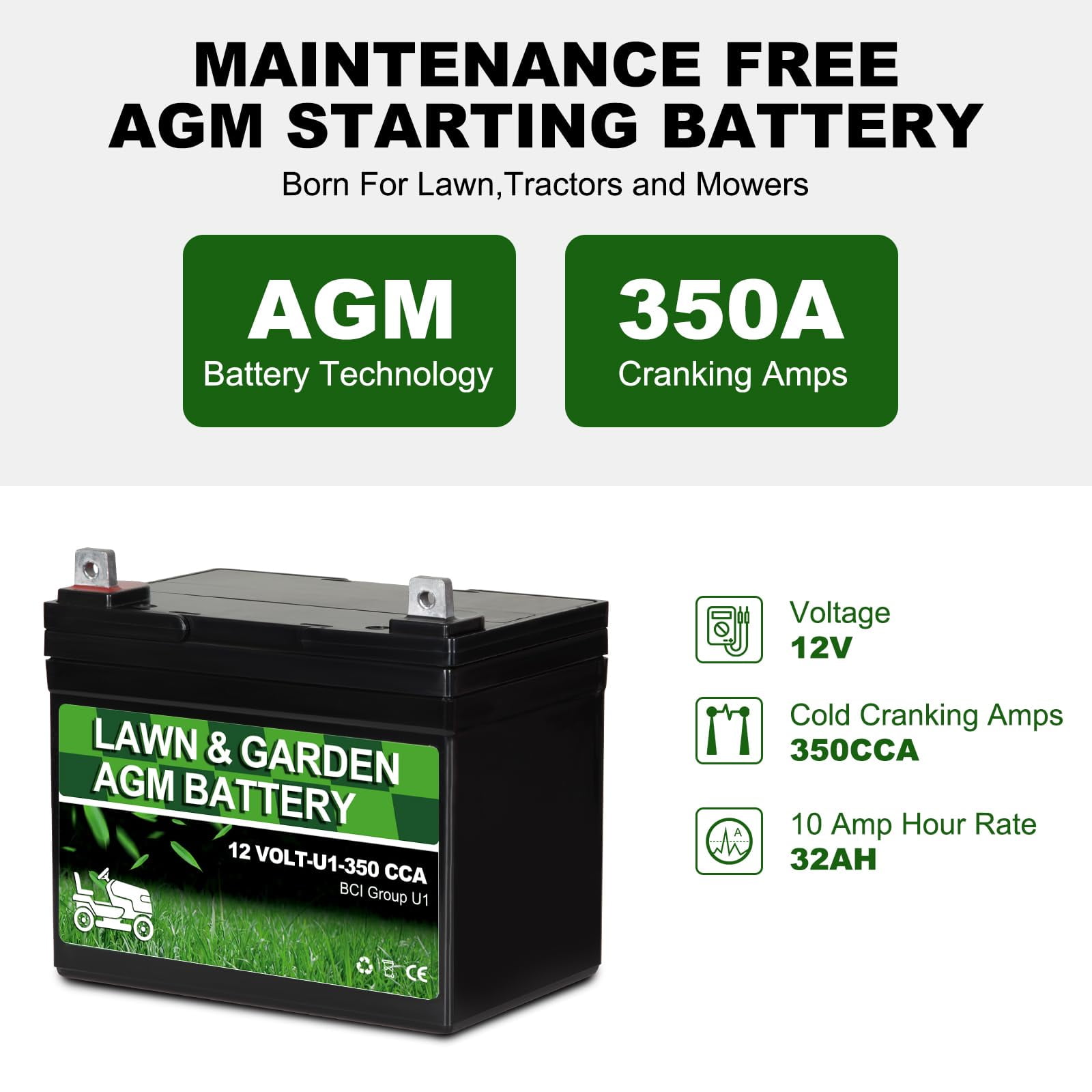 Autocessking Lawn Garden AGM Battery Group U1 12V 32AH 350CCA, Compatible with John Deere, Toro, Cub Cadet, and Craftsman Mower, Rechargeable SLA Starting Battery for Lawn, Tractors and Mowers