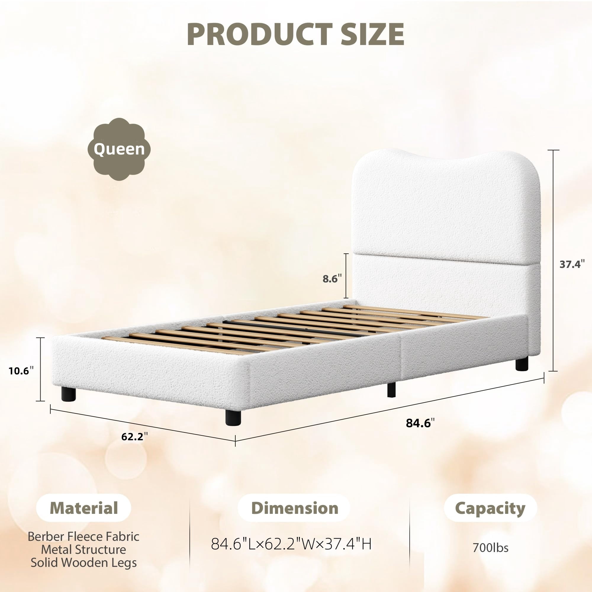 Jojoka Modern Queen Bed Frame Upholstered in Soft Boucle Fabric, Sturdy Wooden Slats, No Gap Headboard, Easy Assembly, No Box Spring Needed, Beige
