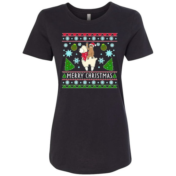 Inktastic Merry Christmas Sloth and Llama Ugly Sweater Style Women's T-Shirt