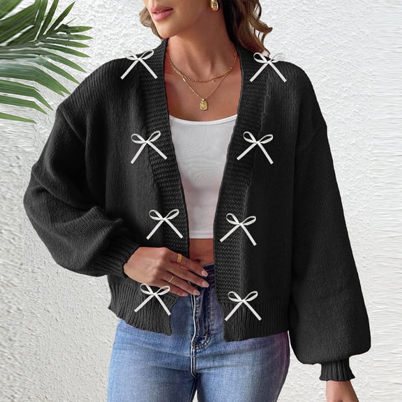 Women's Cute Bow Tie Cardigan Long Sleeve Open Front Knitted Sweater Fall Winter Casual Cropped Jacket New Black L
