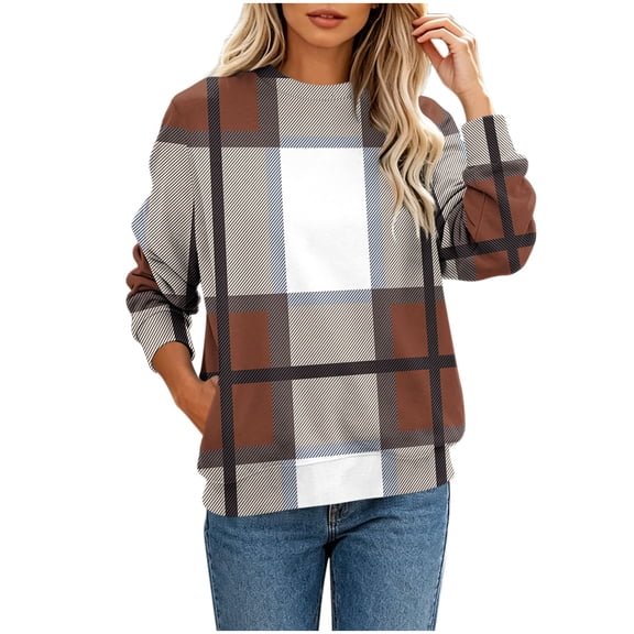Enjoytime Women Sweatshirt Fall Fashion Plaid Long Sleeve Pullover Tops Lightweight Casual Oversized Crewneck Sweatshirts