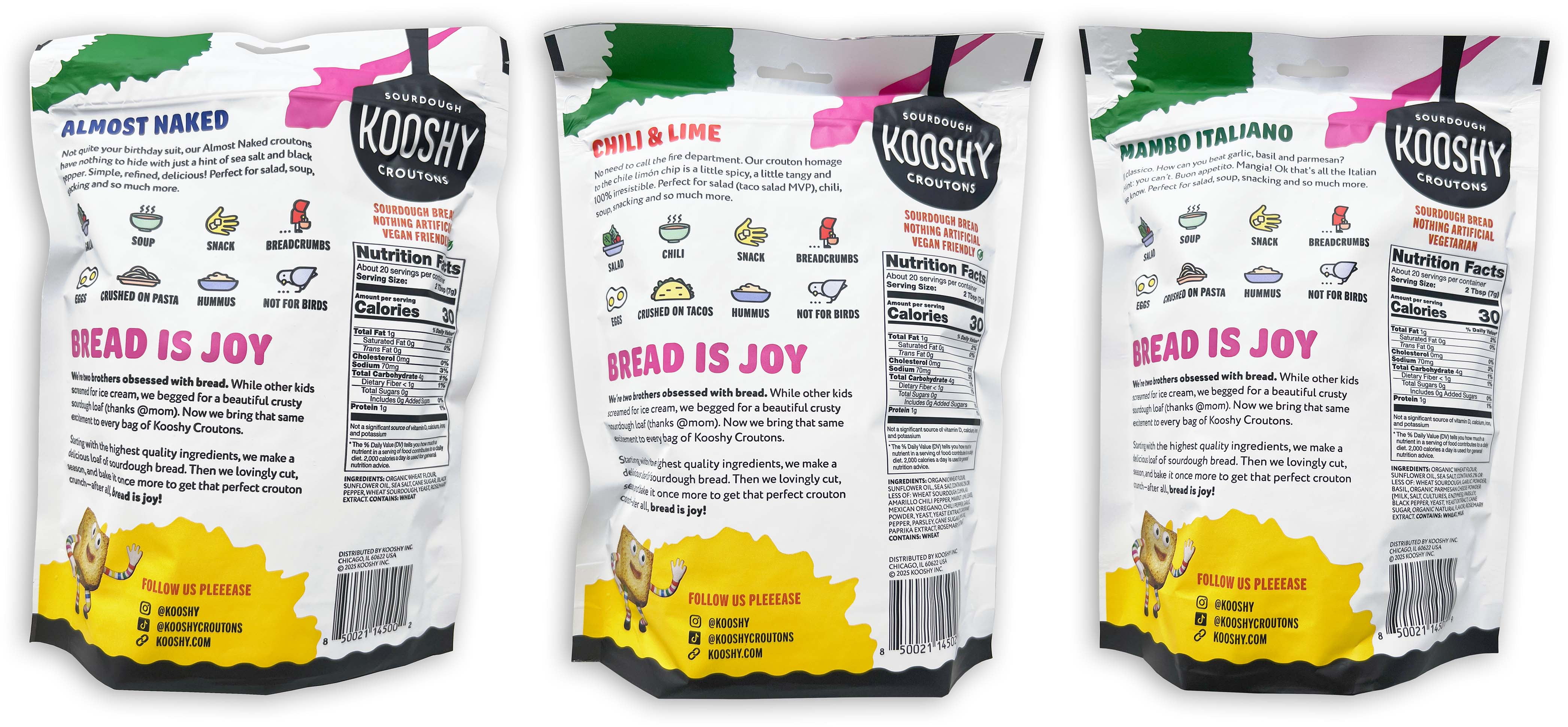 Sourdough Kooshy Croutons - 3 Flavors; 1 Each: Almost Naked, Chili Lime Poco Picante, Mambo Italiano + Shawhan Farms Tuscan Black Garlic Sampler & MerlinsMartZine