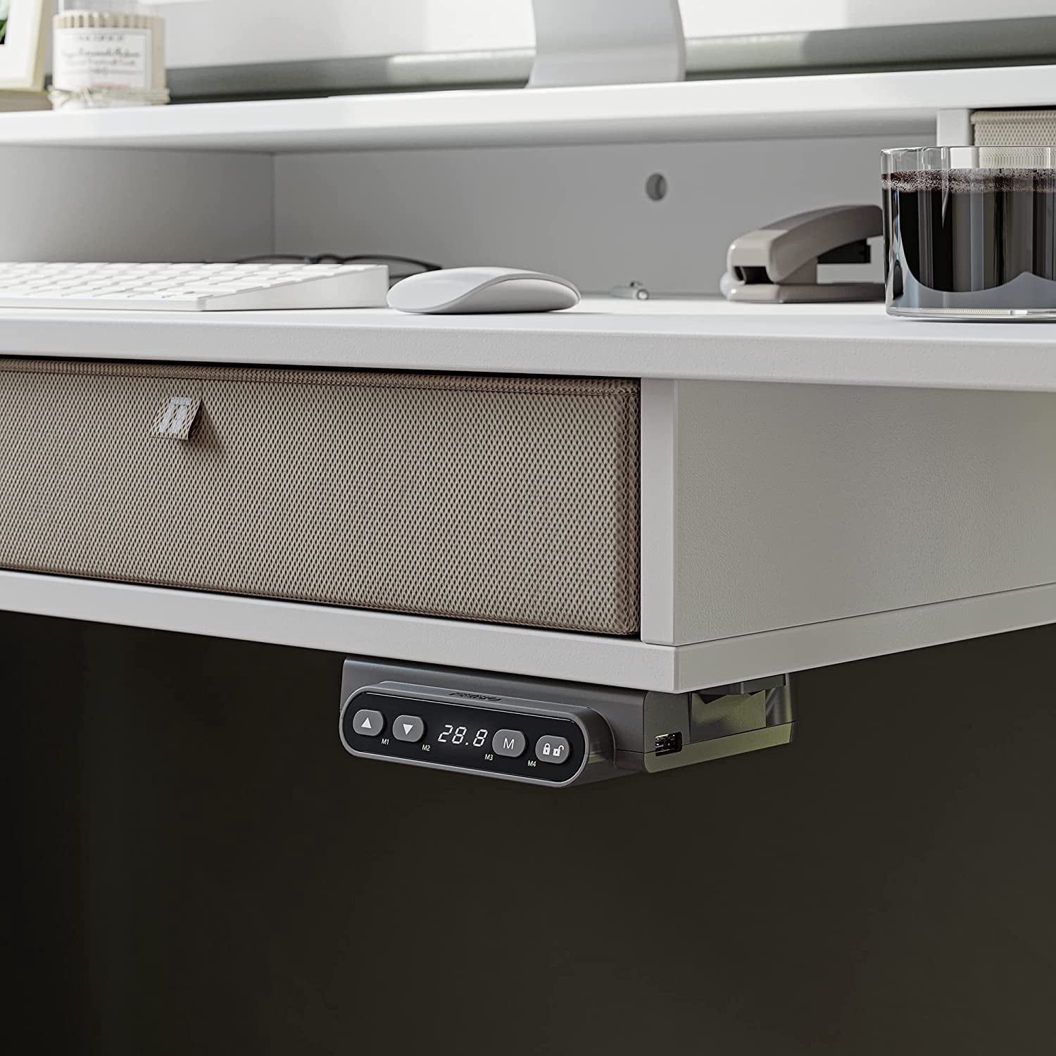 FEZIBO 48 x 24 Inch Height Adjustable Electric Standing Desk with 4 Drawers, Stand Up Table with Storage Shelf, Sit Stand Desk with Splice Board, White Frame/White Top