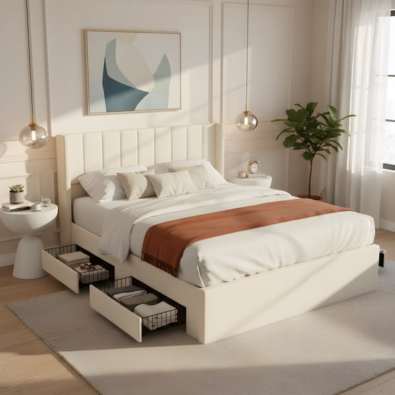 Christopher Knight Home Queen Chenille Upholstered Storage Bed Frame with 4 Drawers, Beige