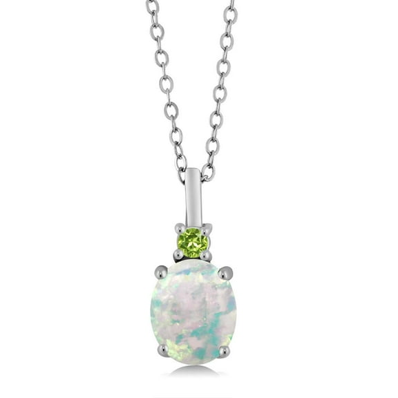 Gem Stone King 925 Sterling Silver White Simulated Opal and Green Peridot Pendant Necklace for Women (1.67 Cttw, Gemstone October Birthstone, Oval Cabochon 9X7MM, with 18 inch Silver Chain)