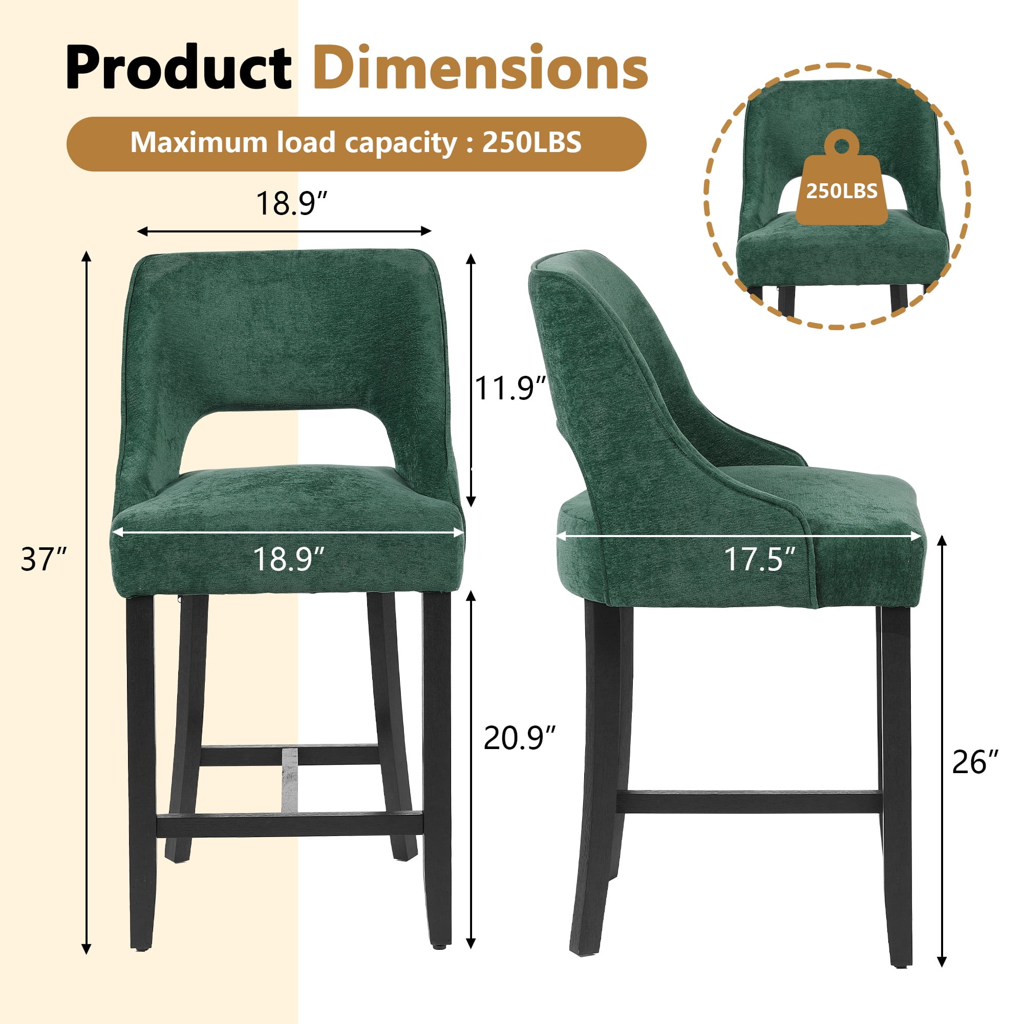 ClinQ 26" Counter Height Bar Stool Set of 1, Upholstered Bar Chair with Back, Walnut Curved Footrest for Kitchen Island, Darkgreen