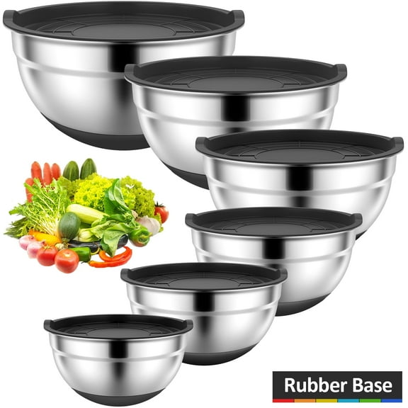 TINANA Mixing Bowls with Lids: Stainless Steel Mixing Bowls Set - 6 Piece Metal Nesting Mixing Bowls with Rubber Bottom-Black