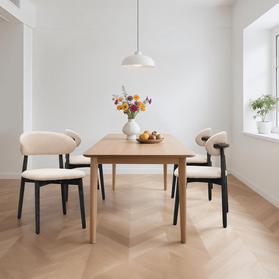 DRNANLIT Beige Cotton-Linen Fabric Upholstered Dining Chair Set of 4, Armless Chairs with Black Solid Wood Legs for Kitchen, Restaurant, Living Room, Meeting Room