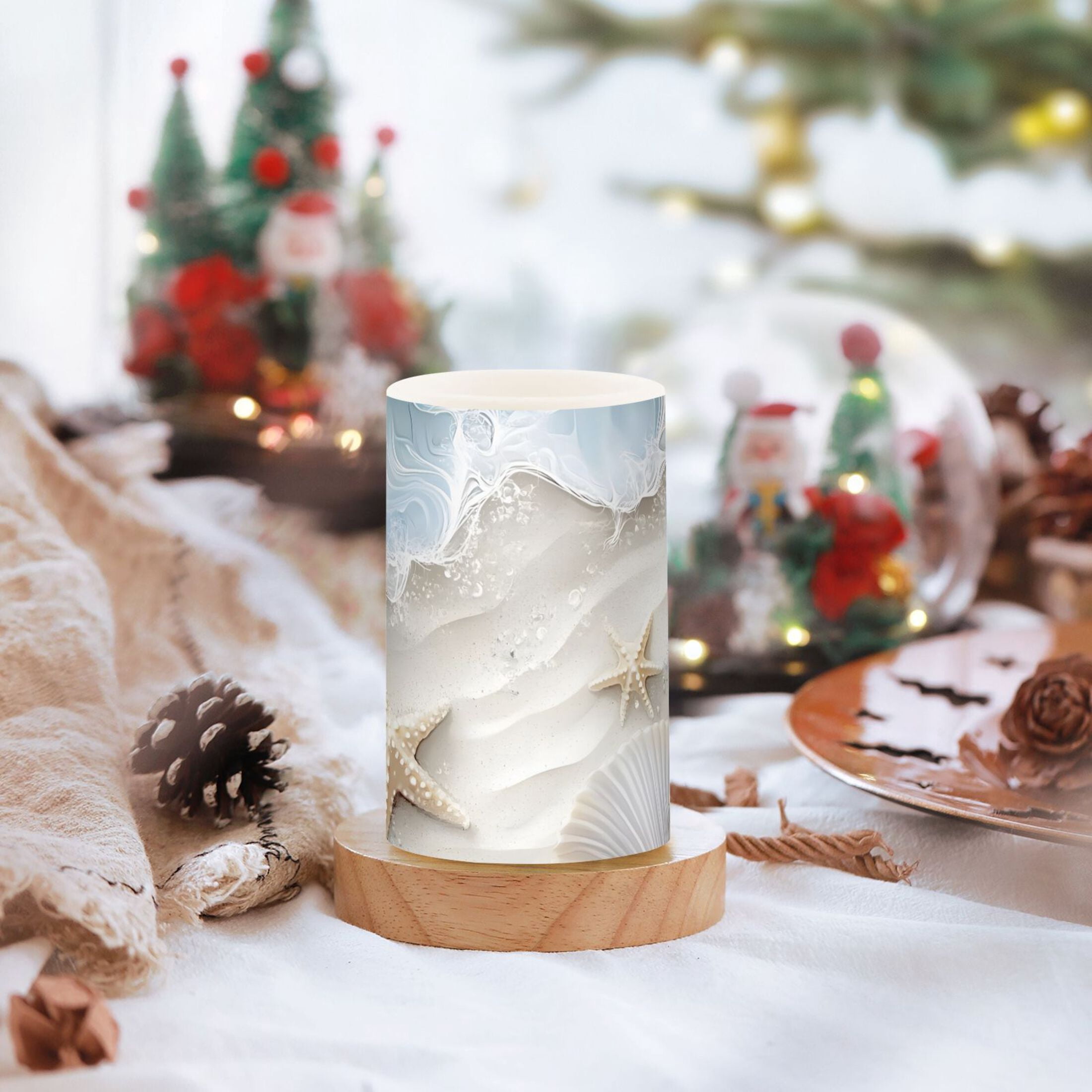 Seashell Starfish Flickering Flameless Candles Battery Operated with Remote Timer LED Pillar Candles Set of 2