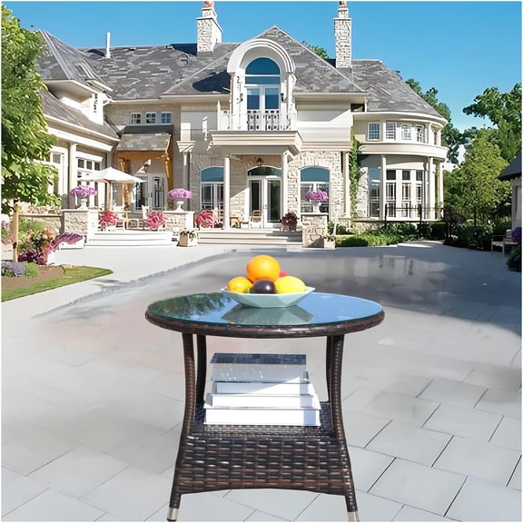 JERFIT 48-inch Round Outdoor Coffee Table with Tempered Glass Top, All-Weather PE Wicker Rattan & Iron Frame, Patio Garden Poolside Furniture