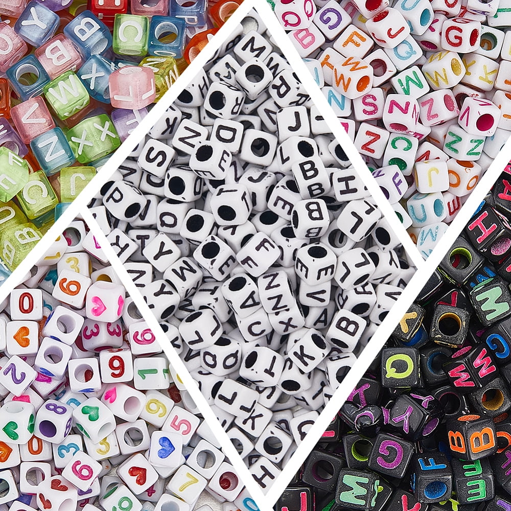 2000Pcs 6 Styles Transparent & Opaque Acrylic Beads Horizontal Hole Cube with Letter/Number/Heart Mixed Color 5.5~7x5.5~7x5.5~7mm Hole: 3~3.5mm