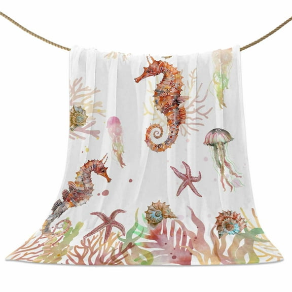 Flannel Fleece Blanket Seahorse Seaweed Starfish Super Soft Warm Cozy Throw Blanket Marine Life Bed Couch Car Blankets for All Season 40" x 50"