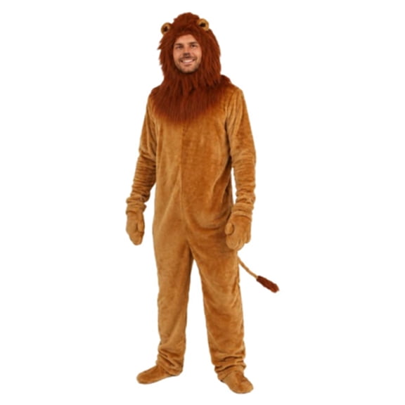 Adult Lion Costume,Halloween Plush Jumpsuit with Hood,Mane,Tail and Mittens,Full Body Animal Cosplay Outfit for Costume Party