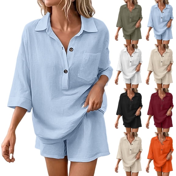 Women's Summer Linen 2 Piece Set V Neck 3/4 Sleeve Shorts Beach Casual