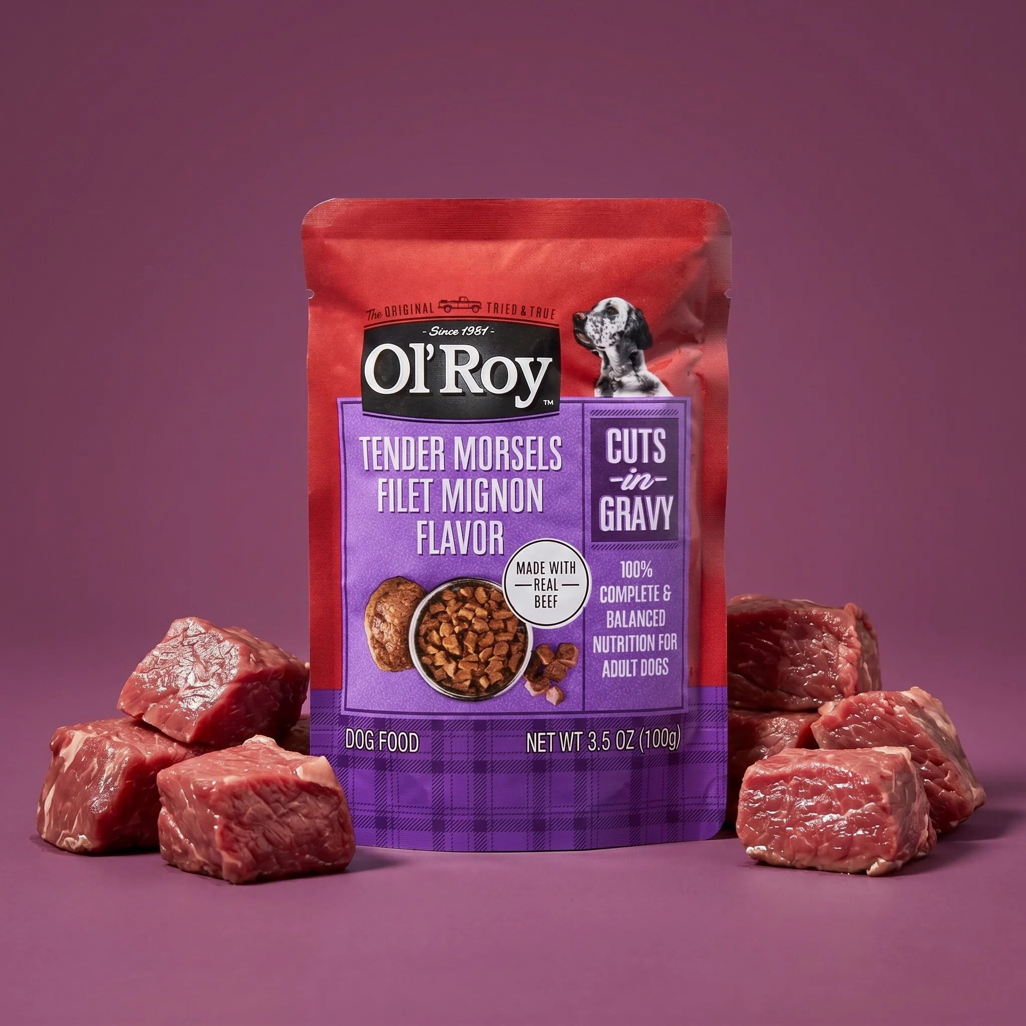 (12 pack) Ol' Roy Cuts in Gravy Tender Morsels, Filet Mignon flavor, 3.5 oz Pouch