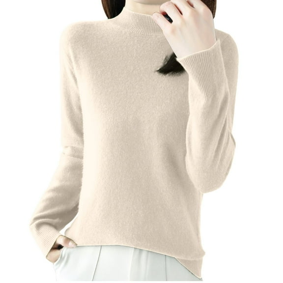 Zylanna Women's Pullover Sweaters, High Neck Knitted Long Sleeve Solid Color Casual Tops for Women Beige