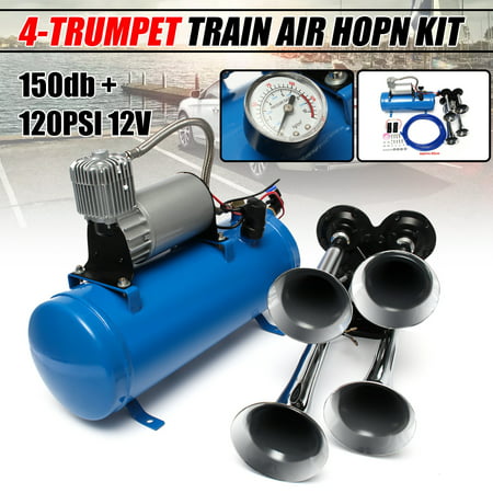 4 Trumpet Vehicle Car Air Horn 12V 24V Compressor Tubing 150DB Train 120 PSI