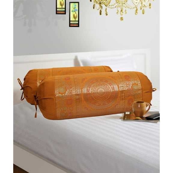 Stylo Culture Indian Polydupion Cylindrical Hotdog Pillow Bolster Pillow Covers Brown Jacquard Brocade Border Mandala Large Settee Cylinder Cushion Covers (Set of 2) | 30x15 Inches (76x38 cm)