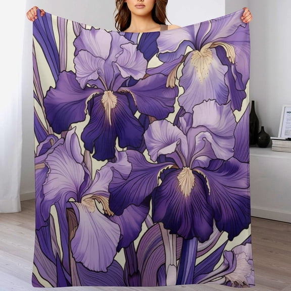 Flannel Couch Blanket Purple Iris Botanical Floral Art Plush And Warm Fleece Blanket for Winter Bedding Couch And Gift Watercolor Leaves Floral Throw Blanket for Adults Teens Kids 60"x80"