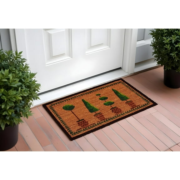 17" X 29" Natural and Green Coir Topiary Outdoor Door Mat