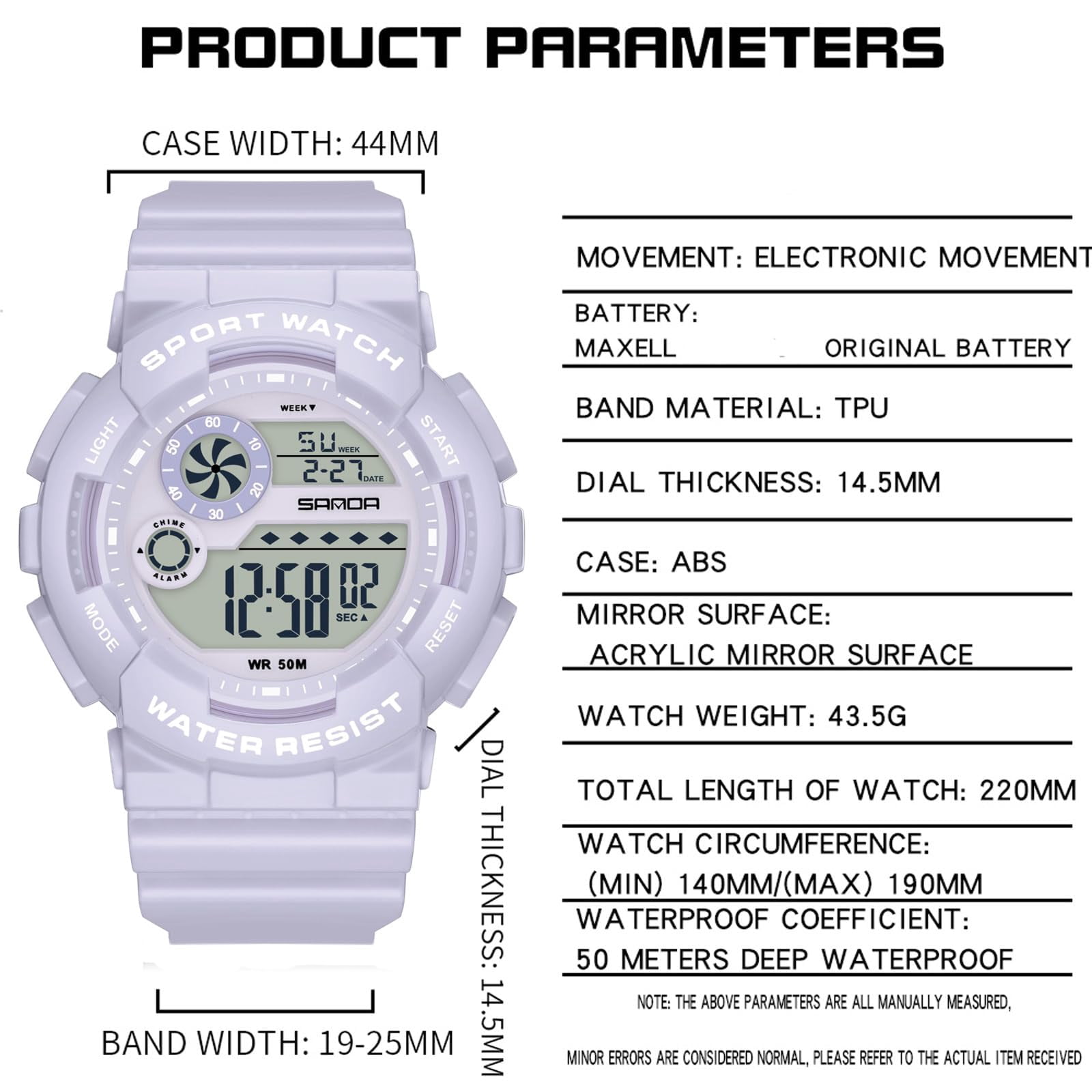 Findtime Digital Watch Womens Sport Waterproof White Wrist Watches for Women with Alarm Stopwatch Hourly Chime LED Display 12H/24H Calendar
