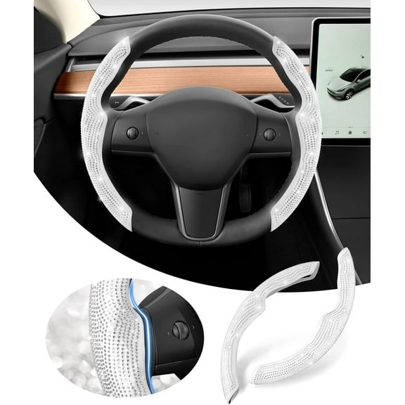 PRM Diamond Bling Steering Wheel Cover for Tesla Model Y 2020-2024/2017-2024 Model 3,2PCS Car Steering Wheel Cover with Rhinestones Sparkling with Colorful Diamond,Non Slip Tesla Accessories