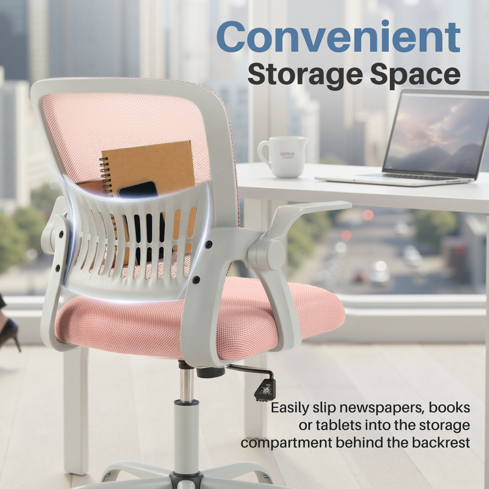 EDX Desk Chair with Ergonomic Lumbar Support, Flip-Up Armrests & Removable Footrest - 250lbs Capacity, Suitable for Home, Office, Bedroom, Pink