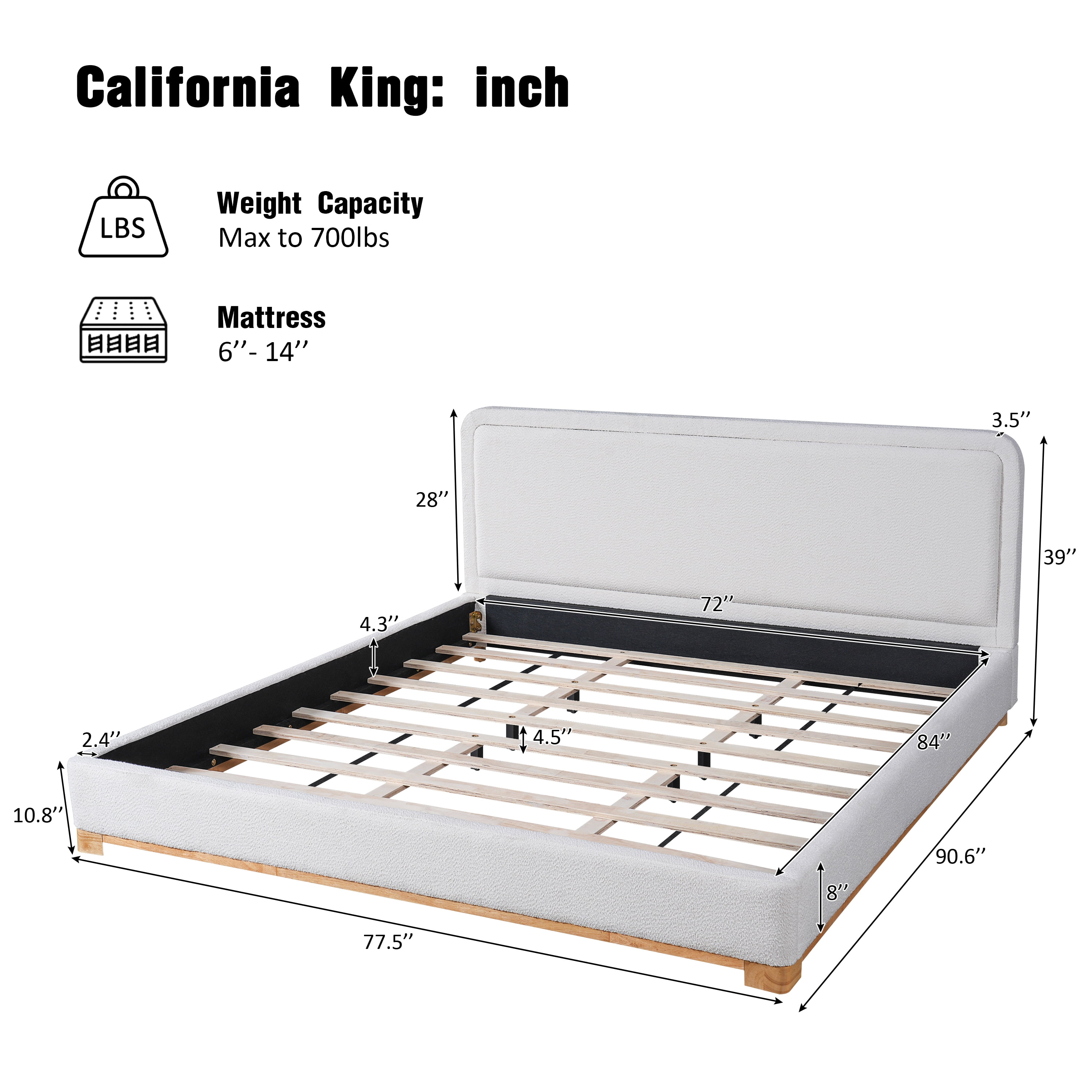 California King Size Bed Frame with Boucle Upholstered Curved Headboard & Solid Wood Base, Platform Bed for Bedroom, White
