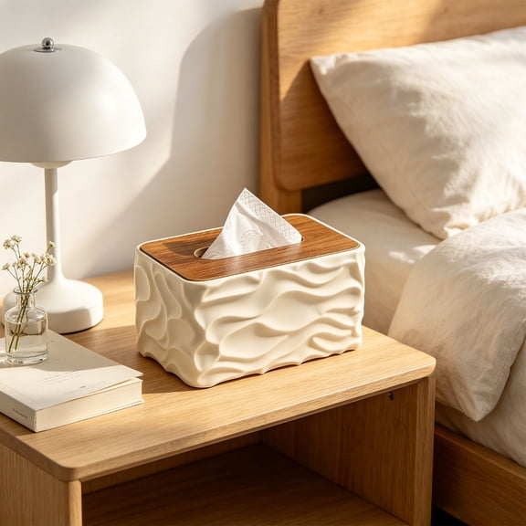 Cream White Tissue Box Cover with Wooden Top Lid, Wavy Plastic Desktop Napkin Holder for Living Room Bedroom Office Home Decor