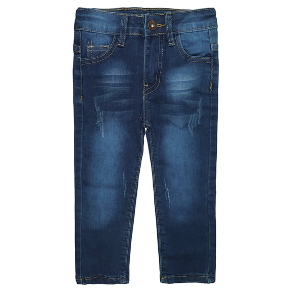 KIDSCOOL SPACE Little Girls Boys Jeans,Elastic Band Inside Ripped Straight Fit Stretchy Soft Denim Pants,Deep Blue,5-6 Years