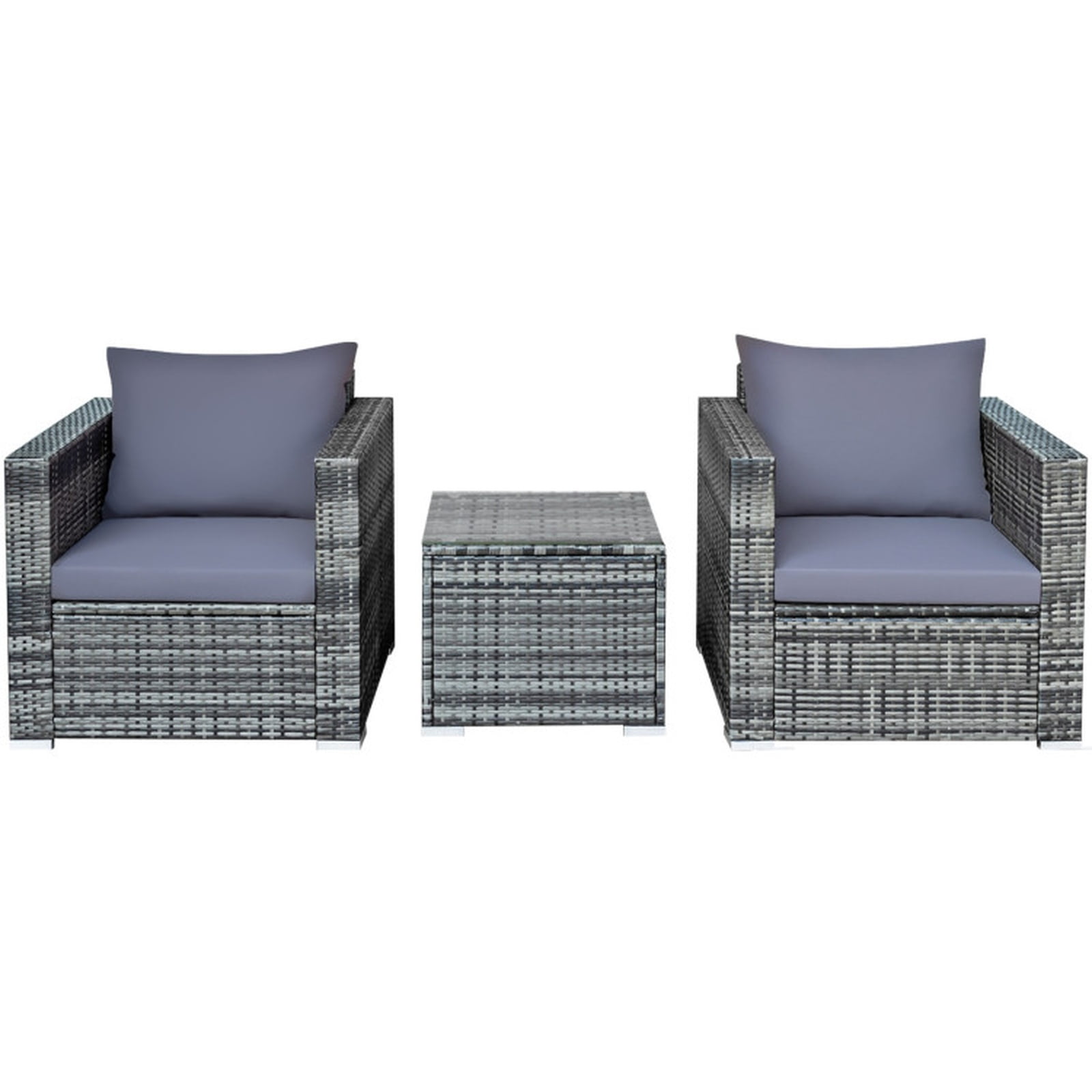 Biotree 3 Piece Patio Rattan Bistro Sofa Set outdoor conversation set with cushions and tempered glass coffee table for balcony garden and porch, Gray